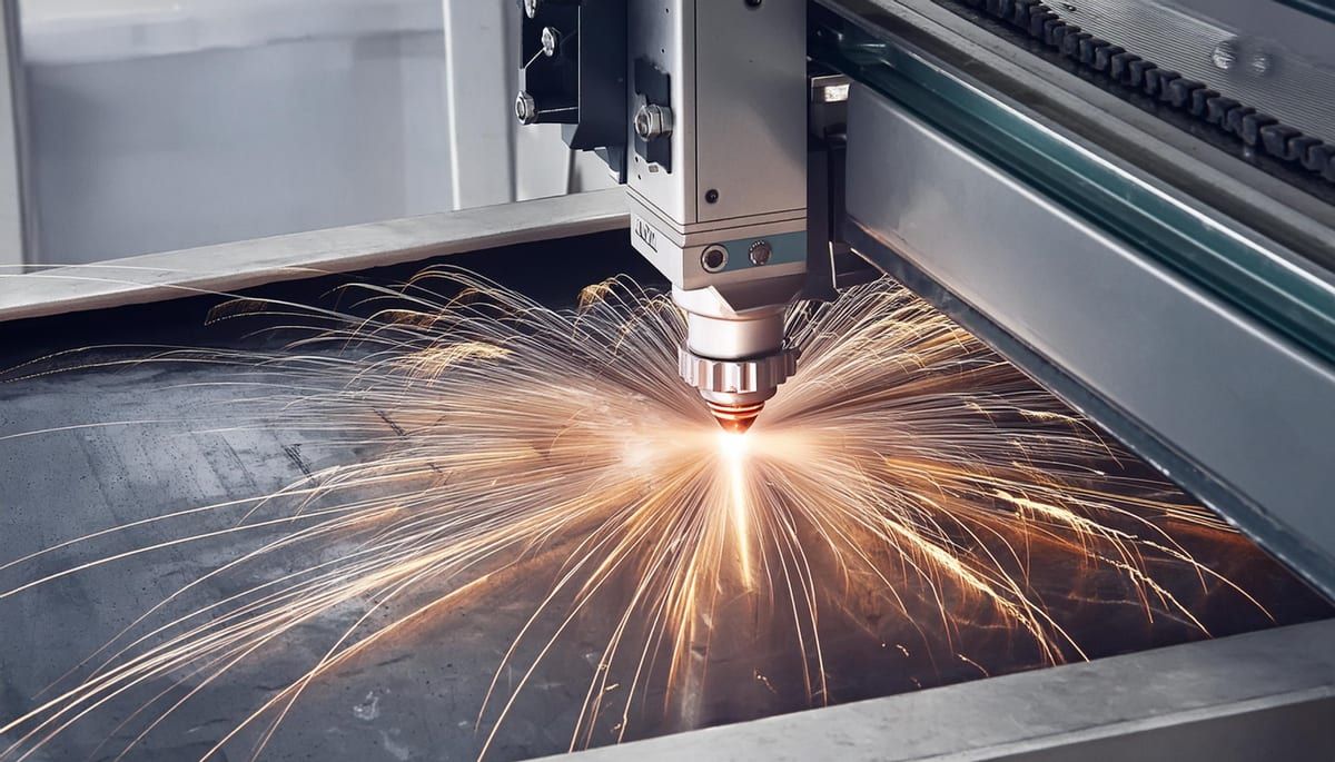 Máquina CNC cortando acero por láser, con chispas